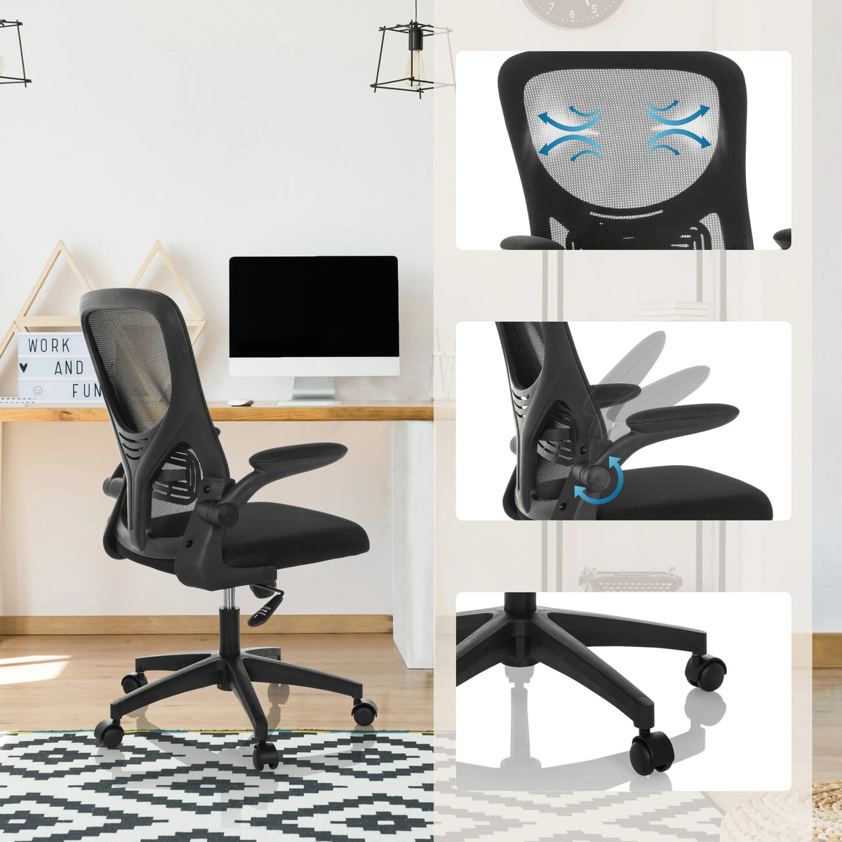 Siège de bureau à domicile BELIO en noir avec dossier en maille, mécanisme de réglage et base à roulettes de hjh OFFICE
