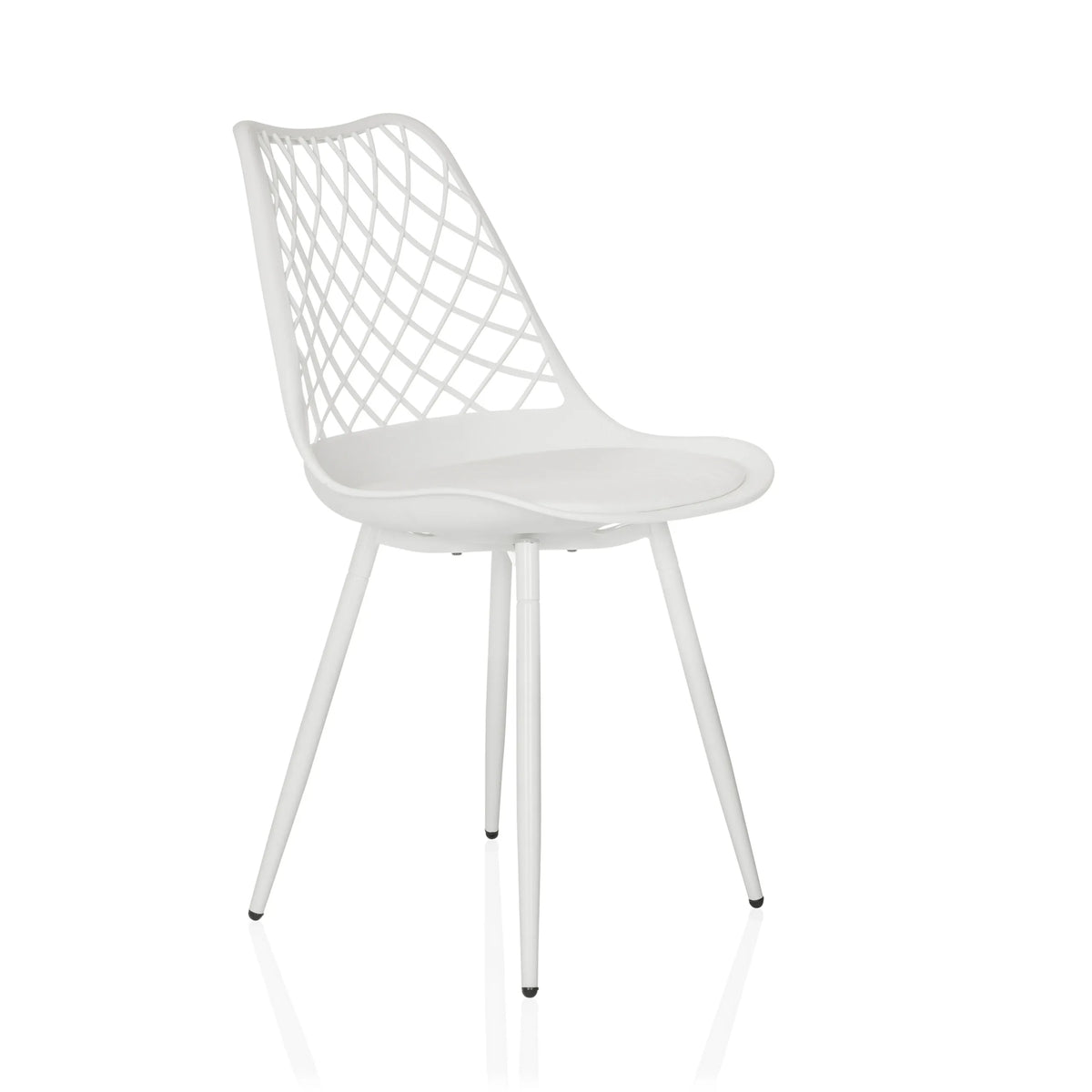 Chaise d'extérieur blanche BEGIO S avec dossier en grille et quatre pieds de hjh LIVING – vue à 360° (vue de trois quarts avant 45°)