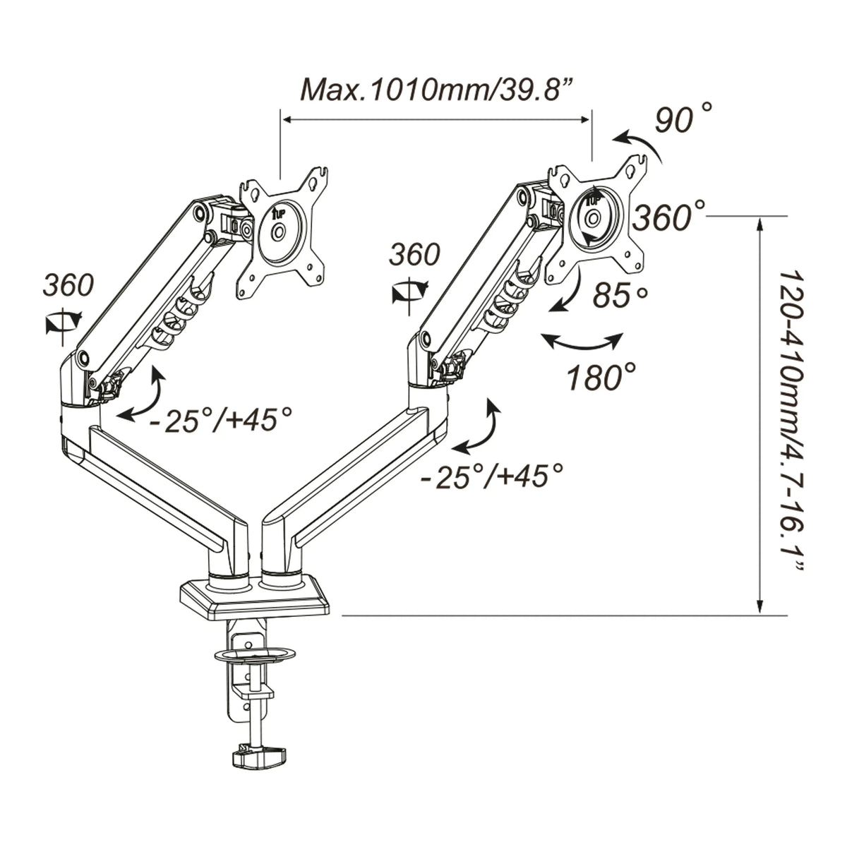 Technische Zeichnung der Monitorhalterung Ergomount GF2 mit einer maximalen Breite von 1010 mm von hjh OFFICE