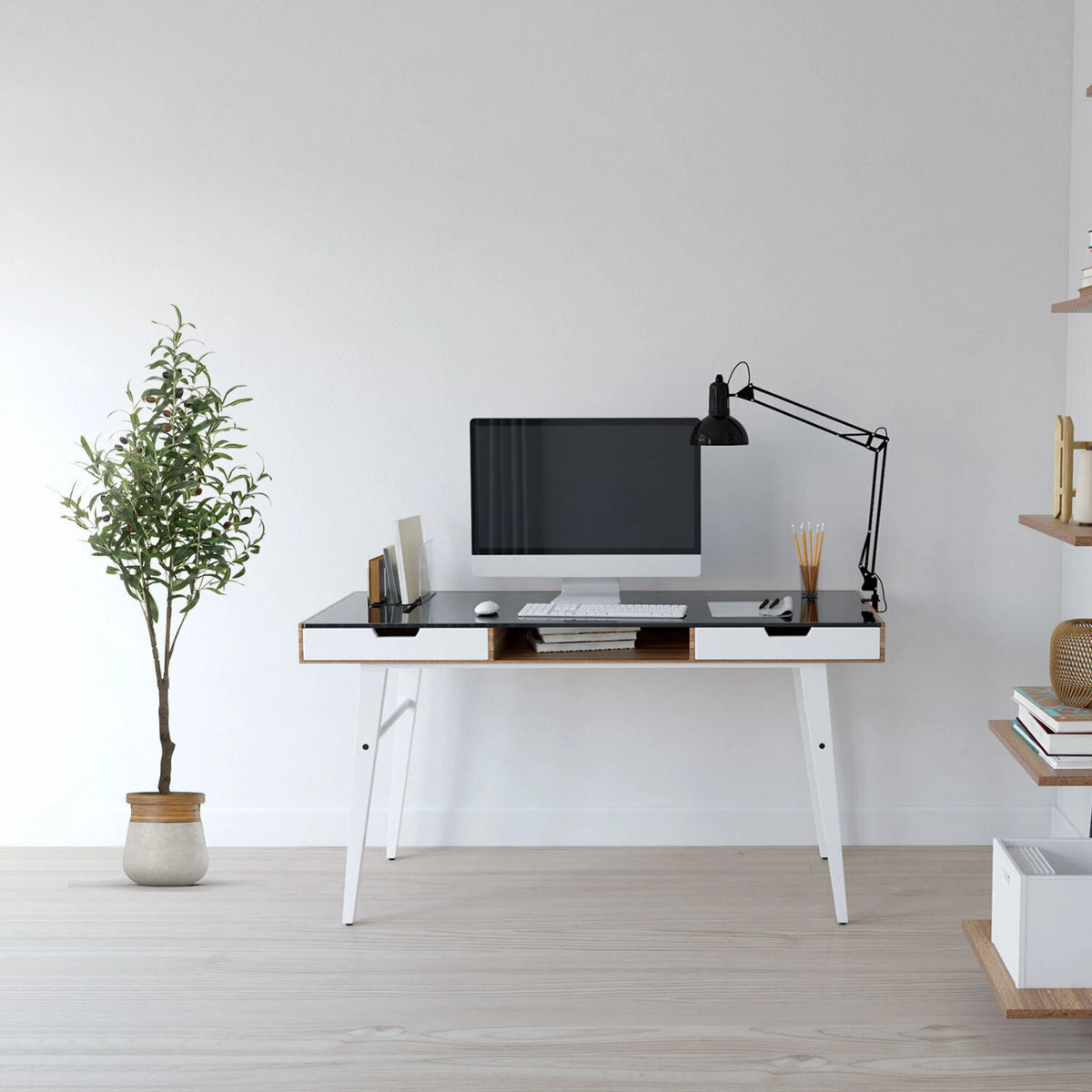 Plante artificielle OLIVE de couleur verte avec un pot blanc de hjh OFFICE