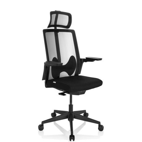 Siège de bureau de qualité professionnelle ARCEO B noir avec dossier en maille, appui-tête et accoudoirs de hjh OFFICE