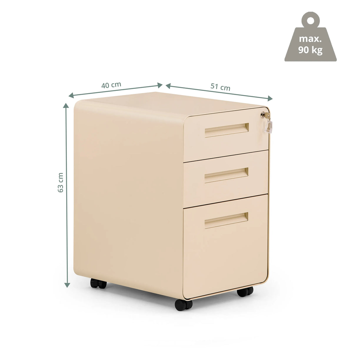 Dessin coté du caisson sur roulettes COLOR PLUS I de 51 × 40 cm et capacité de charge maximale de 90 kg de hjh OFFICE