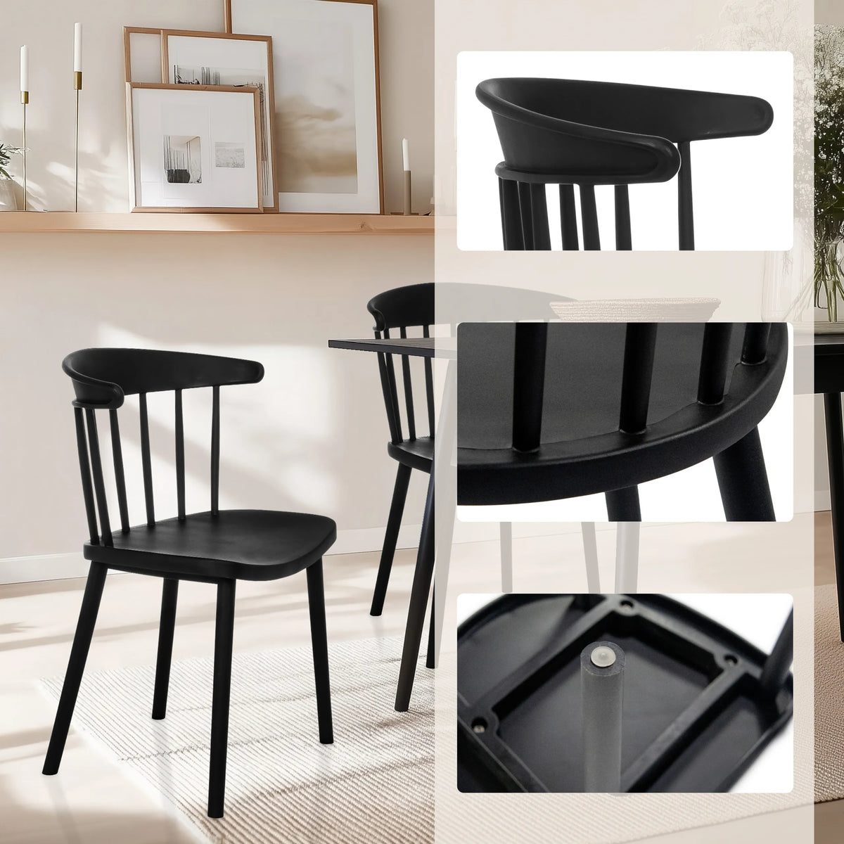 Chaise de salle à manger noire ARTIFO RIB avec dossier, accoudoirs et patins de sol de hjh LIVING