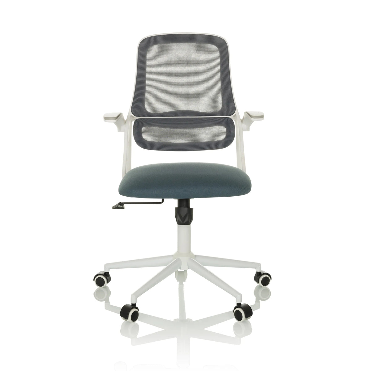 Siège de bureau à domicile MIKO W ECO gris avec dossier en maille et piètement blanc à cinq roulettes de hjh OFFICE – vue à 360° (vue de face 0°)