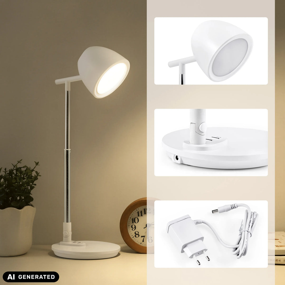 Lampe de bureau Lumanova D3 blanche avec adaptateur secteur et vues détaillées de hjh OFFICE (image générée par IA)