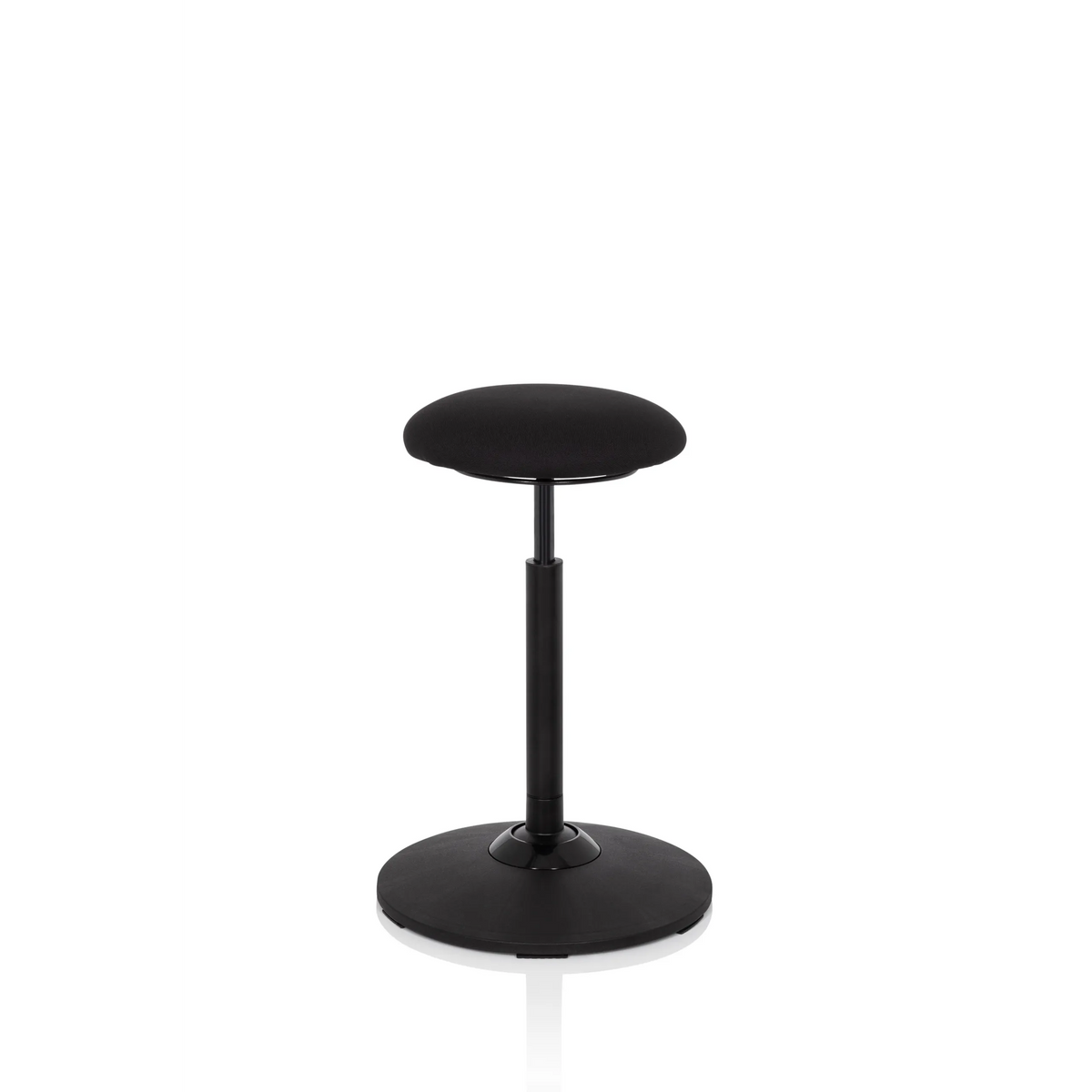 Siège assis-debout BALANCE SIT noir avec coussin d'assise rond et pied circulaire de hjh OFFICE – vue à 360° (vue de trois quarts avant 60°)