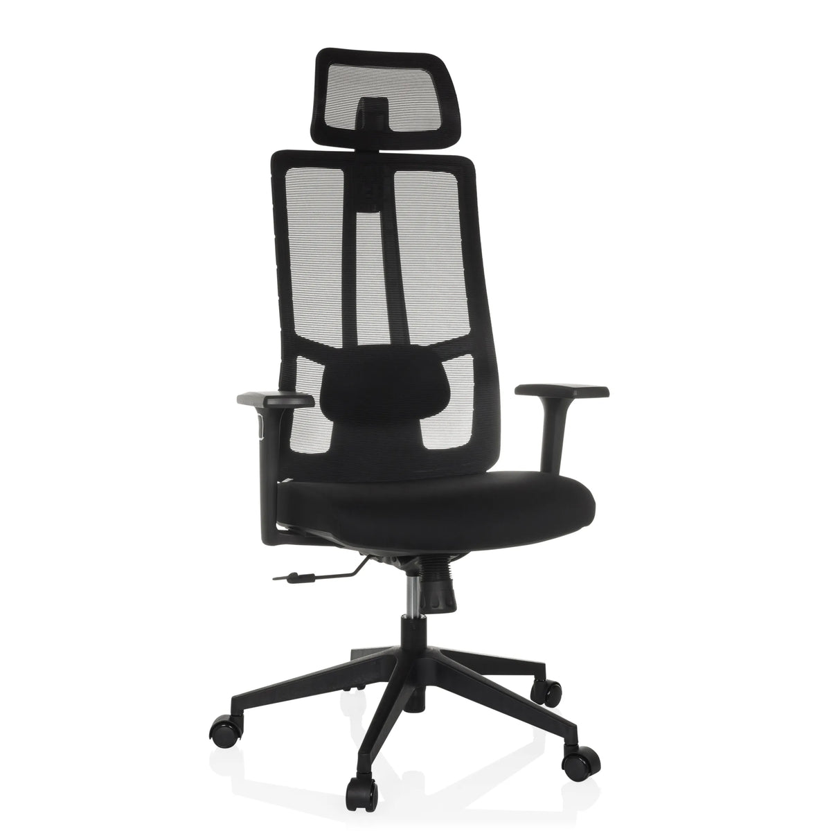 Siège de bureau de qualité professionnelle TRAMORE noir avec dossier en maille et base à cinq roulettes de hjh OFFICE – vue à 360° (vue de face 15°)