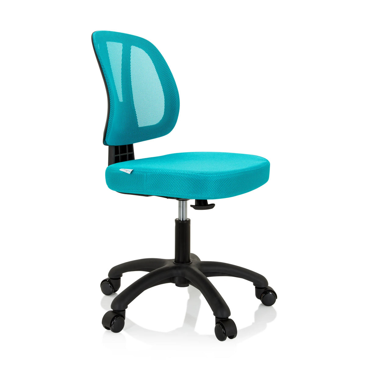 Chaise pivotante pour des enfants KID YU 200 turquoise avec dossier en maille et base à cinq roulettes de hjh OFFICE – vue à 360° (vue de trois quarts avant 60°)