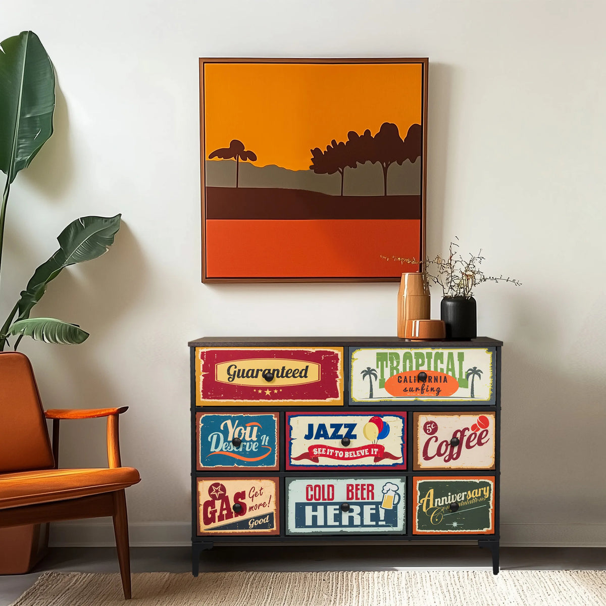 Commode AMERIKO B avec tiroirs à motifs rétro colorés et structure noire de hjh LIVING
