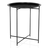 Table d'appoint ALLRUND noire en métal avec plateau rond perforé et pied en croix de hjh LIVING – vue à 360° (vue de face 15°)