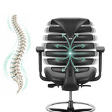 Dossier de la chaise de comptoir ERGO LINE II WORK illustrant la colonne vertébrale et l'effet de soutien de hjh OFFICE