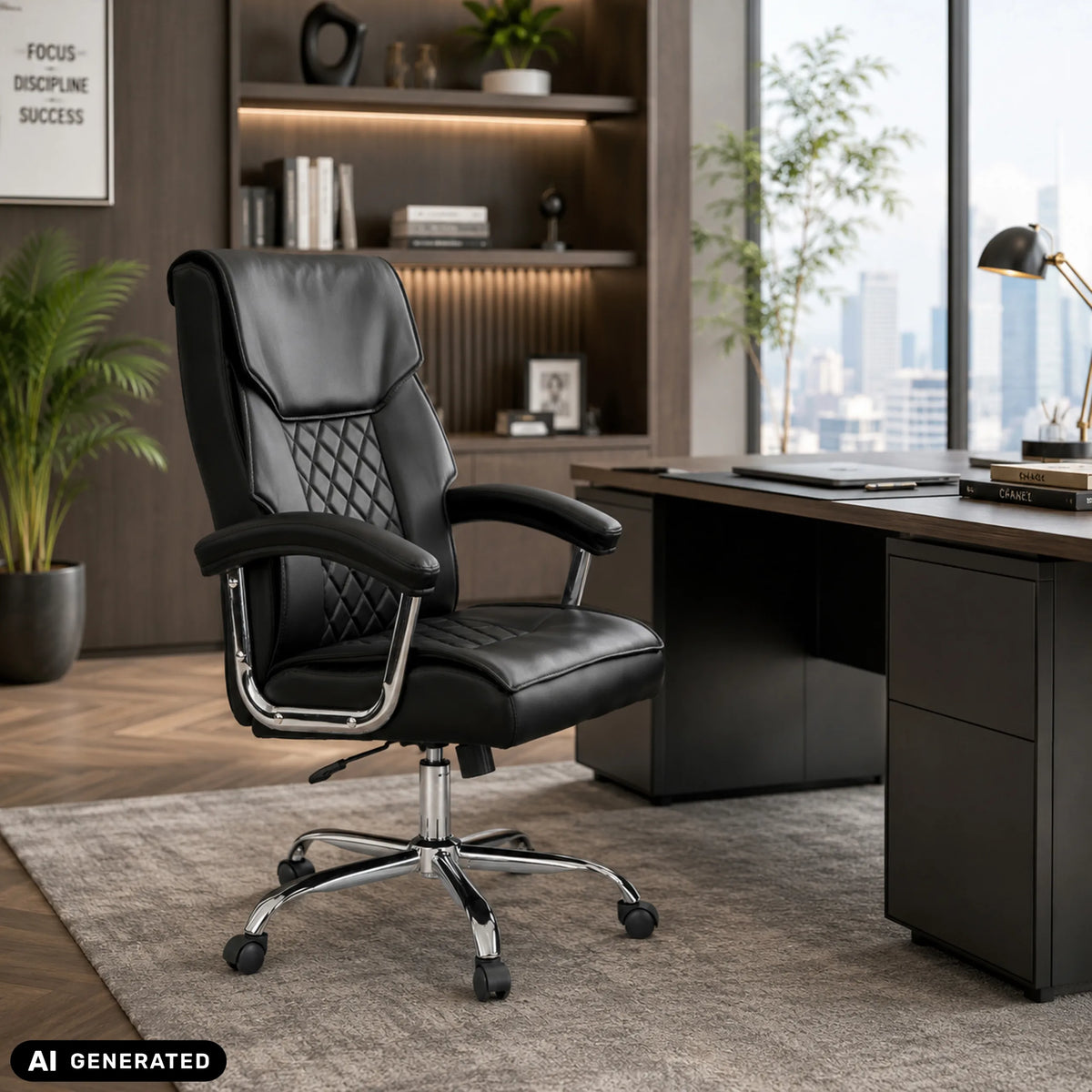 Siège de bureau à domicile Relax Prestio noir avec motif surpiqué et piètement chromé dans un bureau de MyBuero