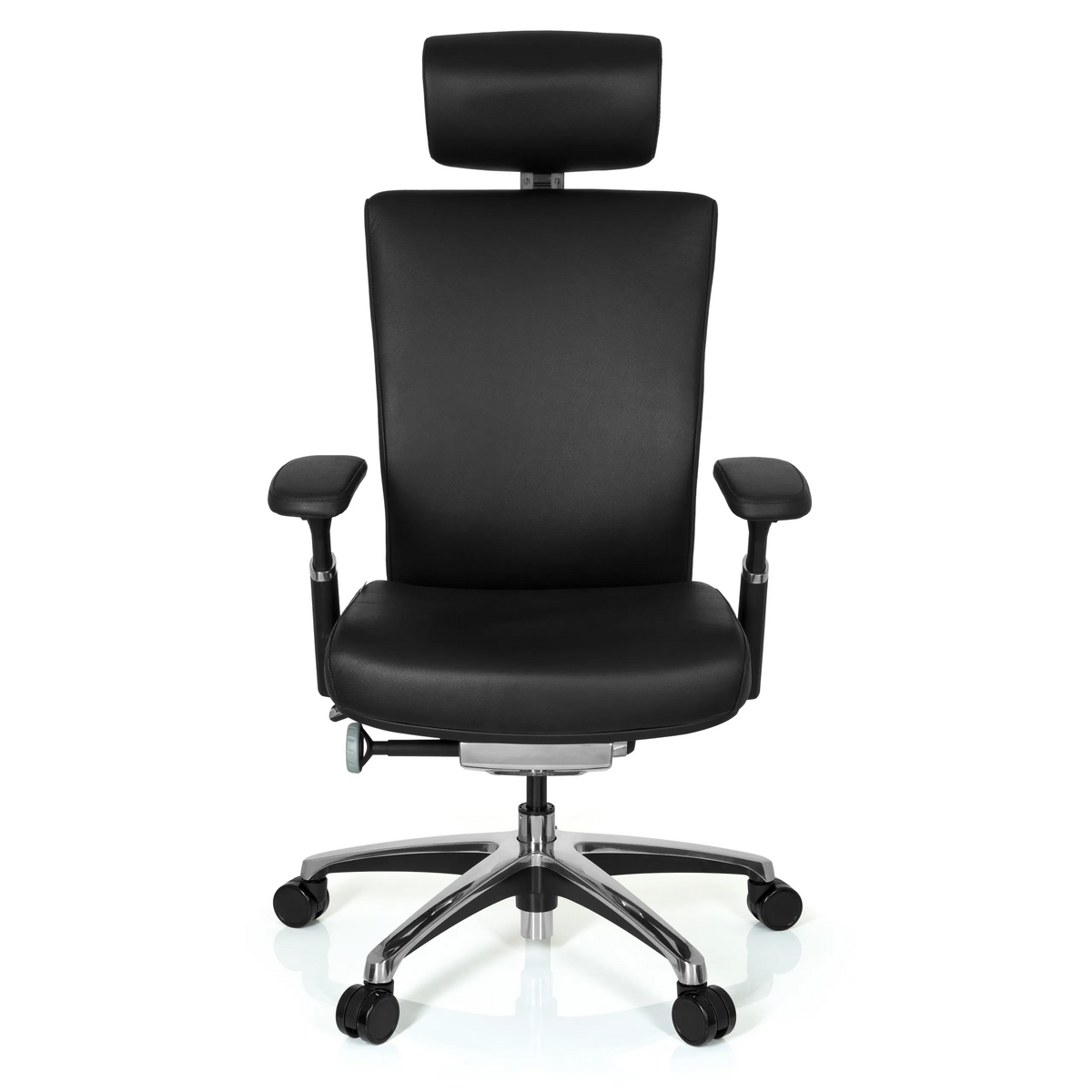 Siège de bureau de qualité professionnelle NOVA noir en cuir avec appuie-tête et base à cinq roulettes de hjh OFFICE – vue à 360° (vue de face 0°)