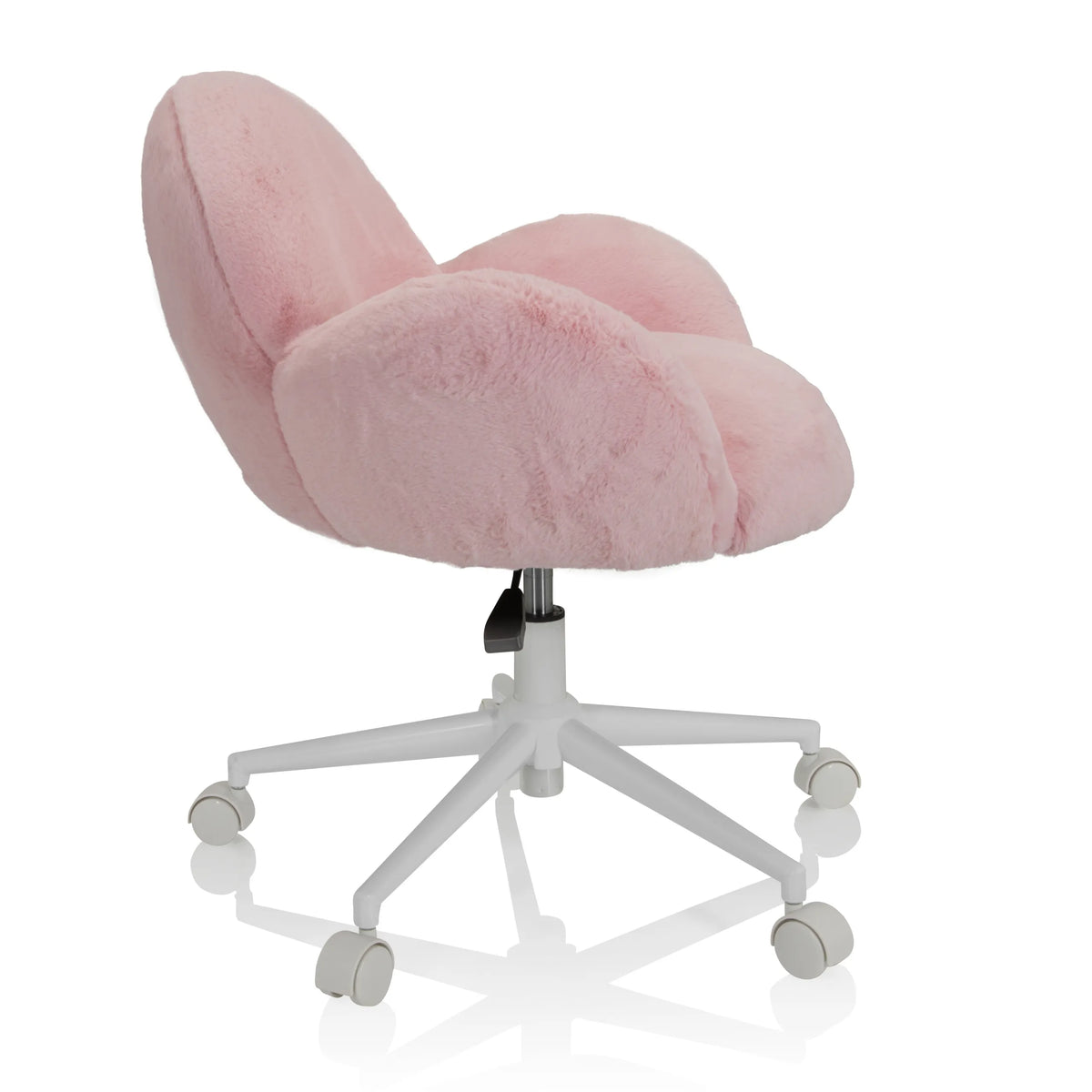 Chaise pivotante pour des enfants KID TEDDY rose avec housse fluffy et piètement blanc à cinq roulettes de hjh OFFICE – vue à 360° (vue de profil 80°)