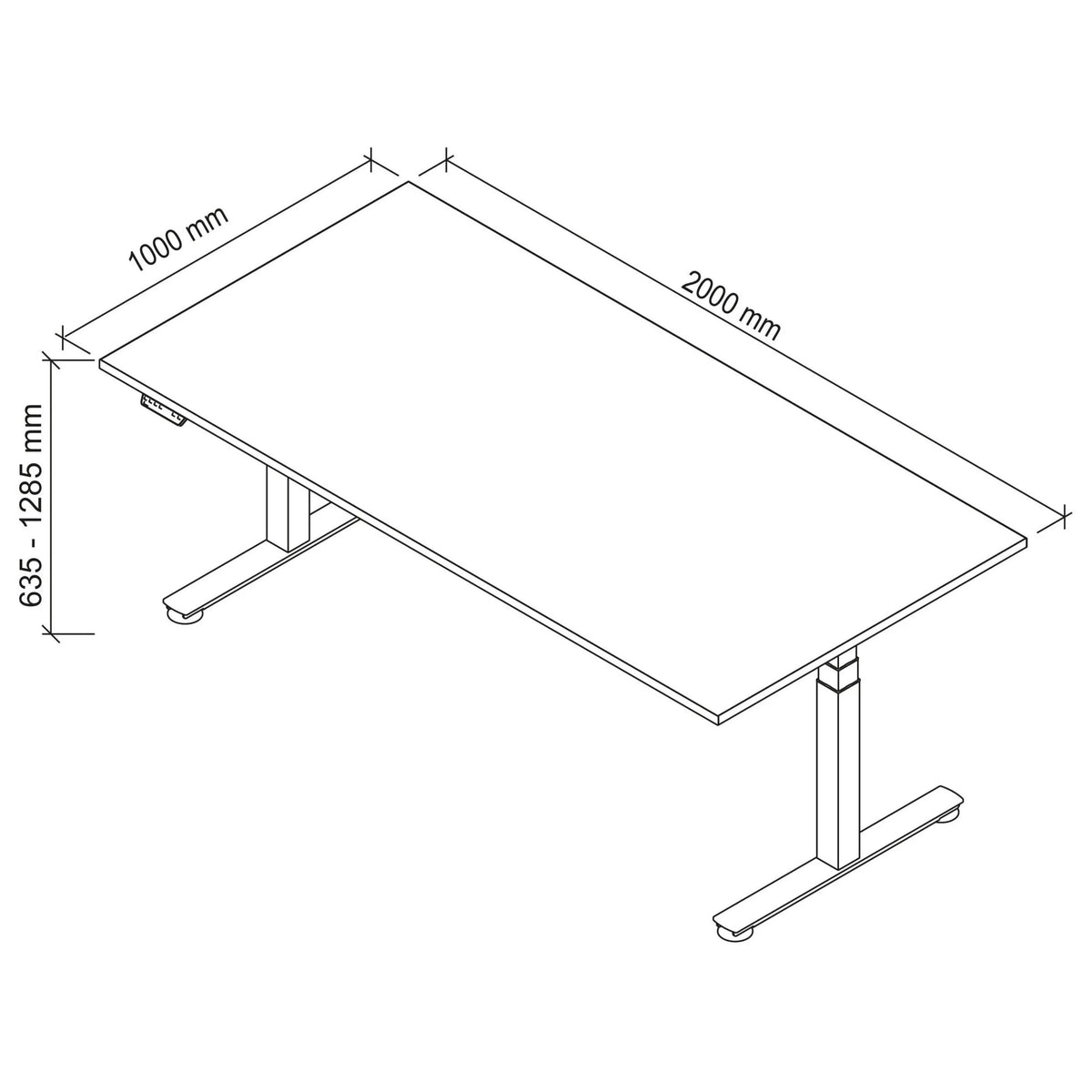Dessin technique du bureau XDSM 2E S de 2000 × 1000 mm de hjh OFFICE PRO