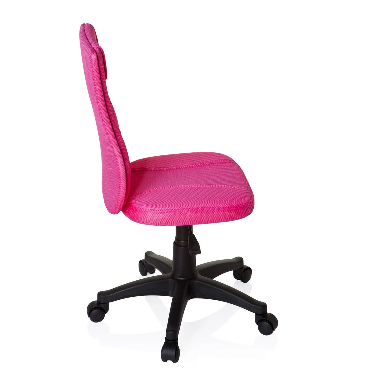 Chaise pivotante pour des enfants KIDDY BASE rose avec dossier en maille et base noire à cinq roulettes de hjh OFFICE – vue à 360° (vue de profil 100°)