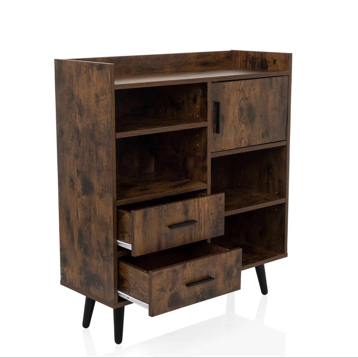 Commode MYRDAL en marron et noir avec deux niches ouvertes, une porte et deux tiroirs de hjh LIVING