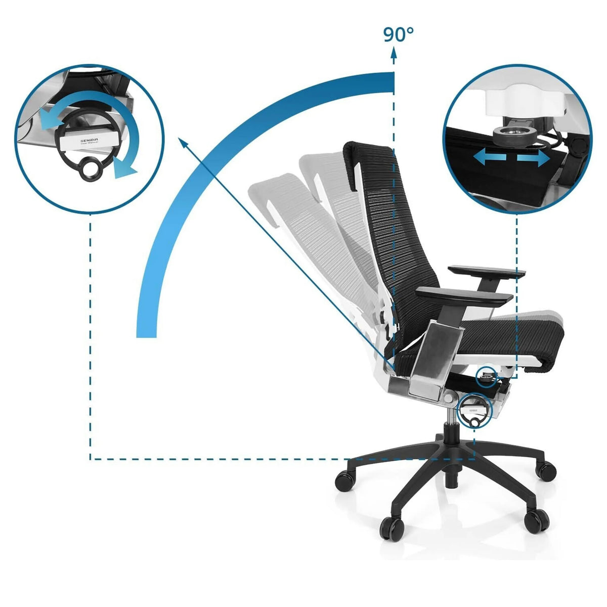 Dossier réglable jusqu'à 90 degrés du siège de bureau de qualité professionnelle GENIDIA SMART WHITE CM avec leviers de commande de hjh OFFICE