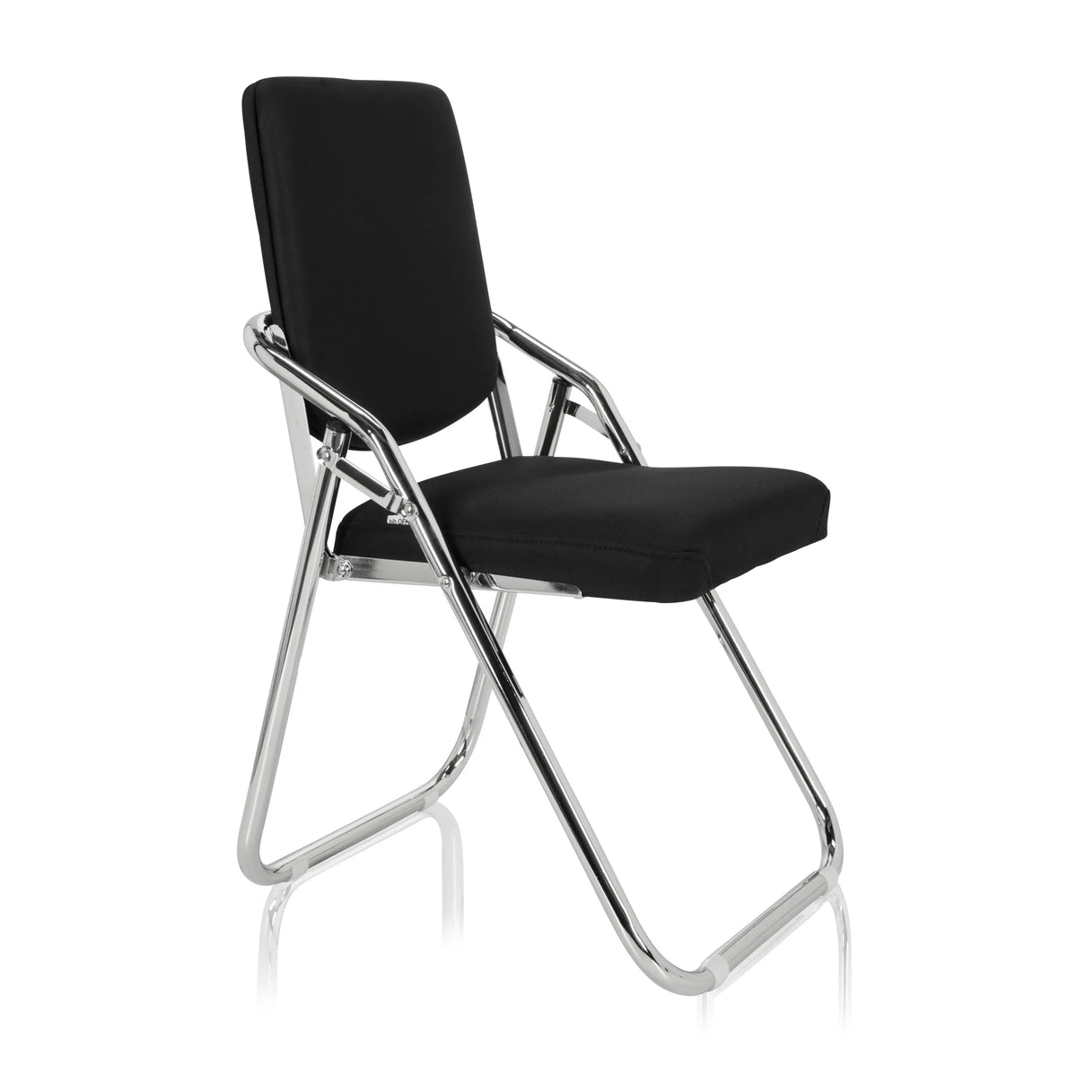 Chaise pliante ESTO noire avec revêtement en tissu et cadre chromé de hjh OFFICE – vue à 360° (vue de trois quarts avant 60°)