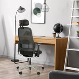 Siège de bureau de qualité professionnelle TERARO AX noir avec dossier en maille et appui-tête devant un bureau de hjh OFFICE