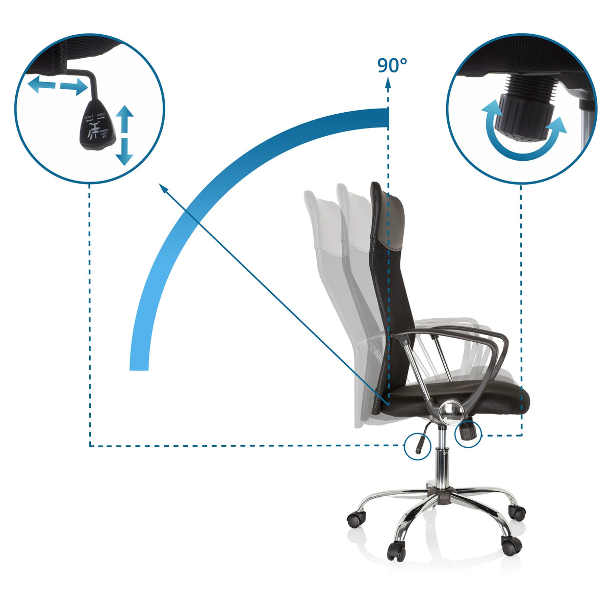 Mécanisme de réglage du dossier avec angle d'inclinaison de 90° sur le Siège de direction pour bureau à domicile ARIA HIGH de hjh OFFICE