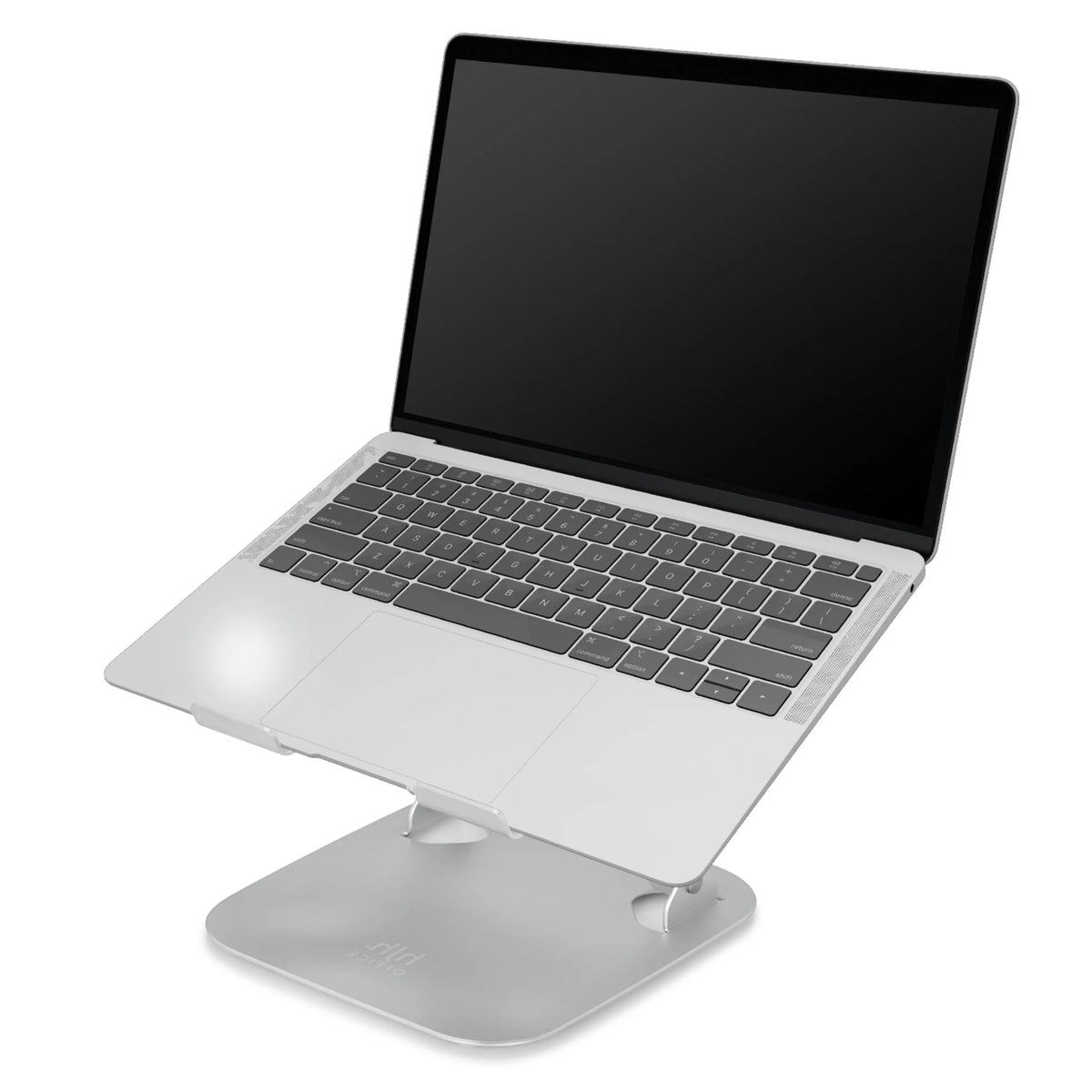 Silberne Laptopunterlage LAPTOP STAND mit einem darauf platzierten Laptop in schräger Position von hjh OFFICE