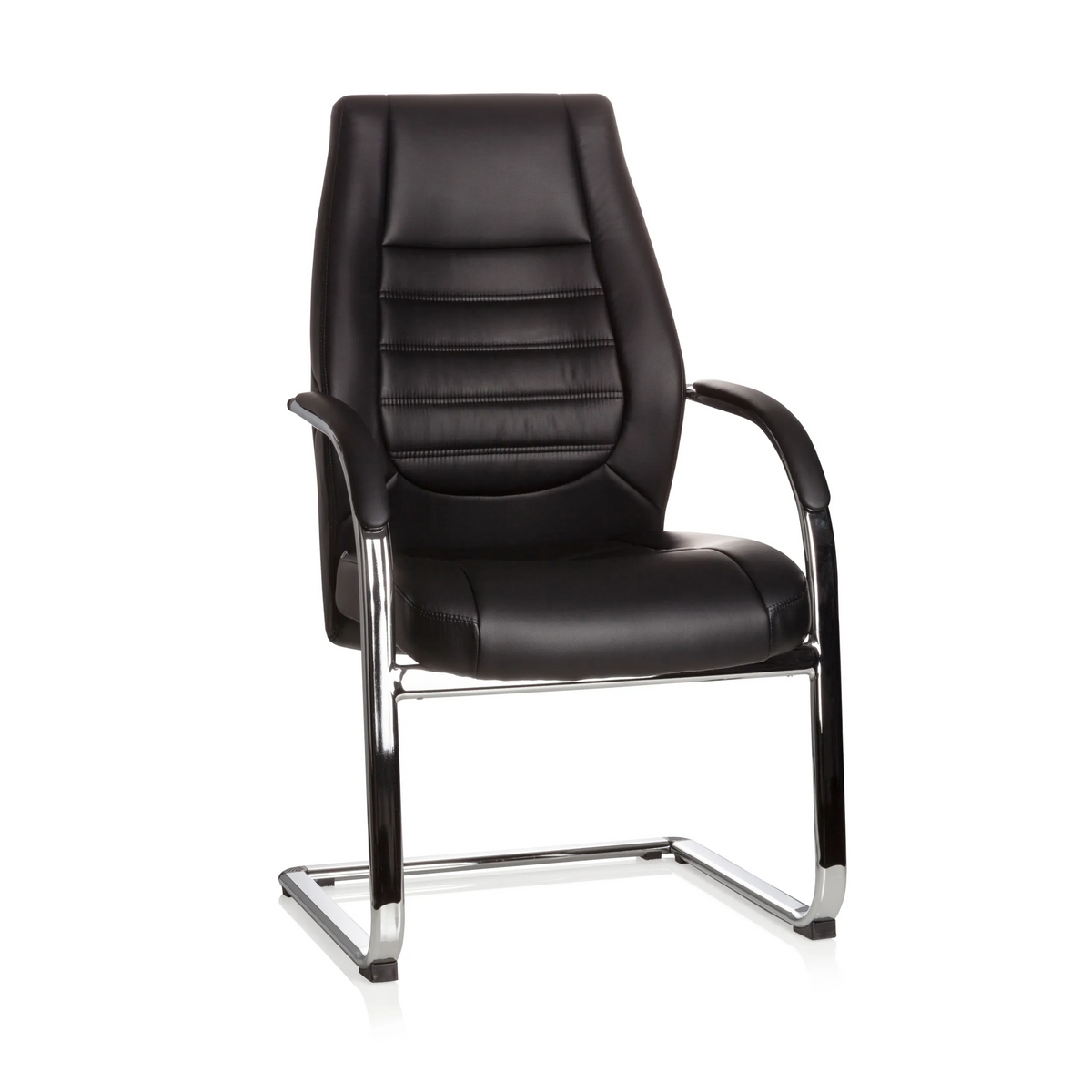 Chaises cantilever VITORO V noires avec accoudoirs et dossier capitonné de hjh OFFICE – vue à 360° (vue de face 20°)