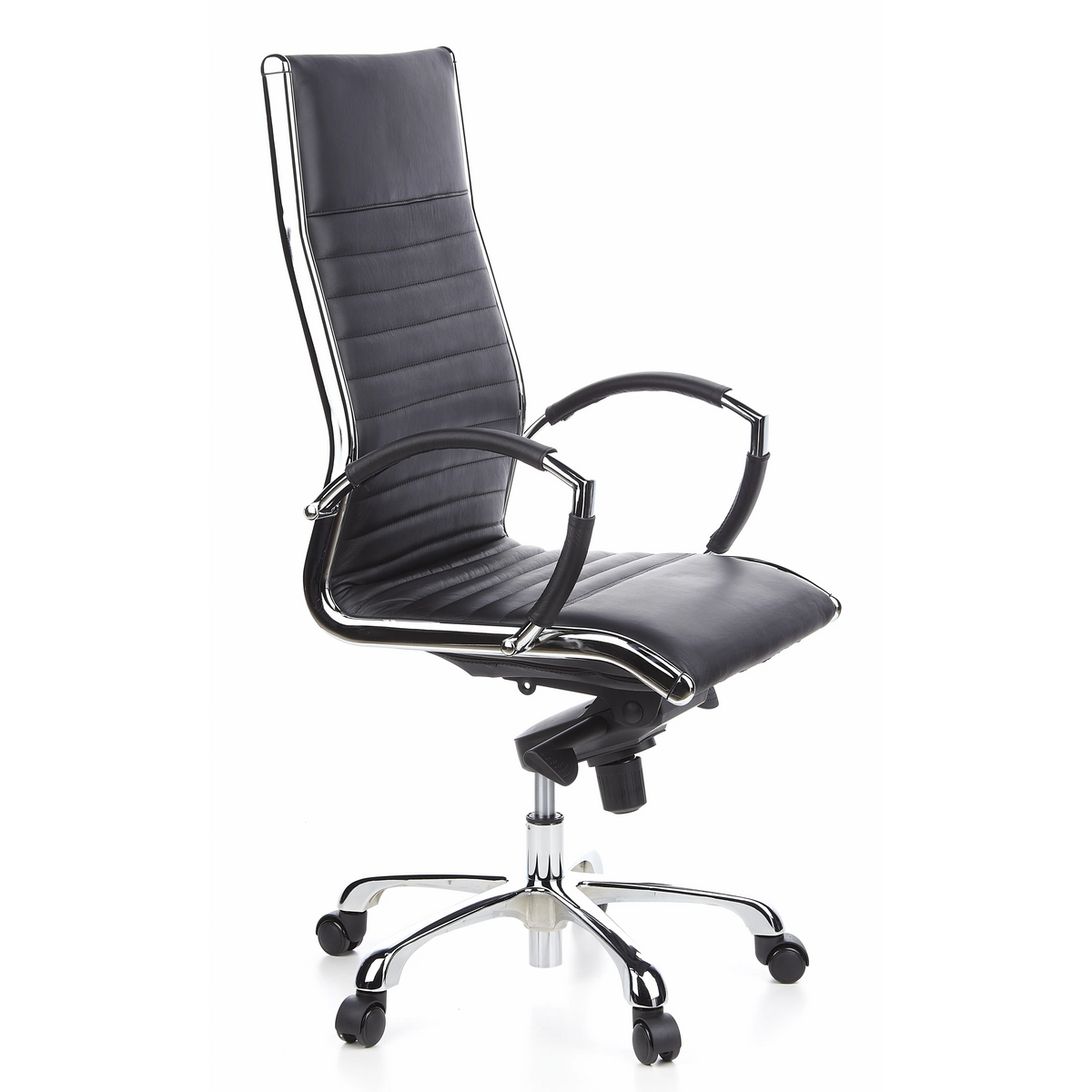 Siège de direction de qualité professionnelle PARMA 20 noir en cuir piqué avec base à cinq roulettes de hjh OFFICE – vue à 360° (vue de trois quarts avant 60°)