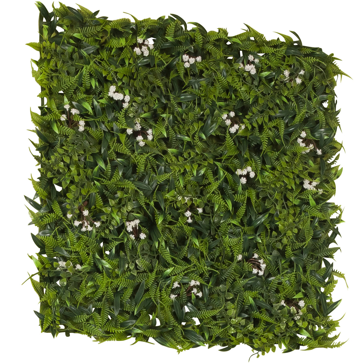 Tapis végétal vert MORE GREEN I avec des feuilles de fougère et de petites fleurs blanches de hjh OFFICE – vue à 360° (vue de trois quarts arrière 120°)