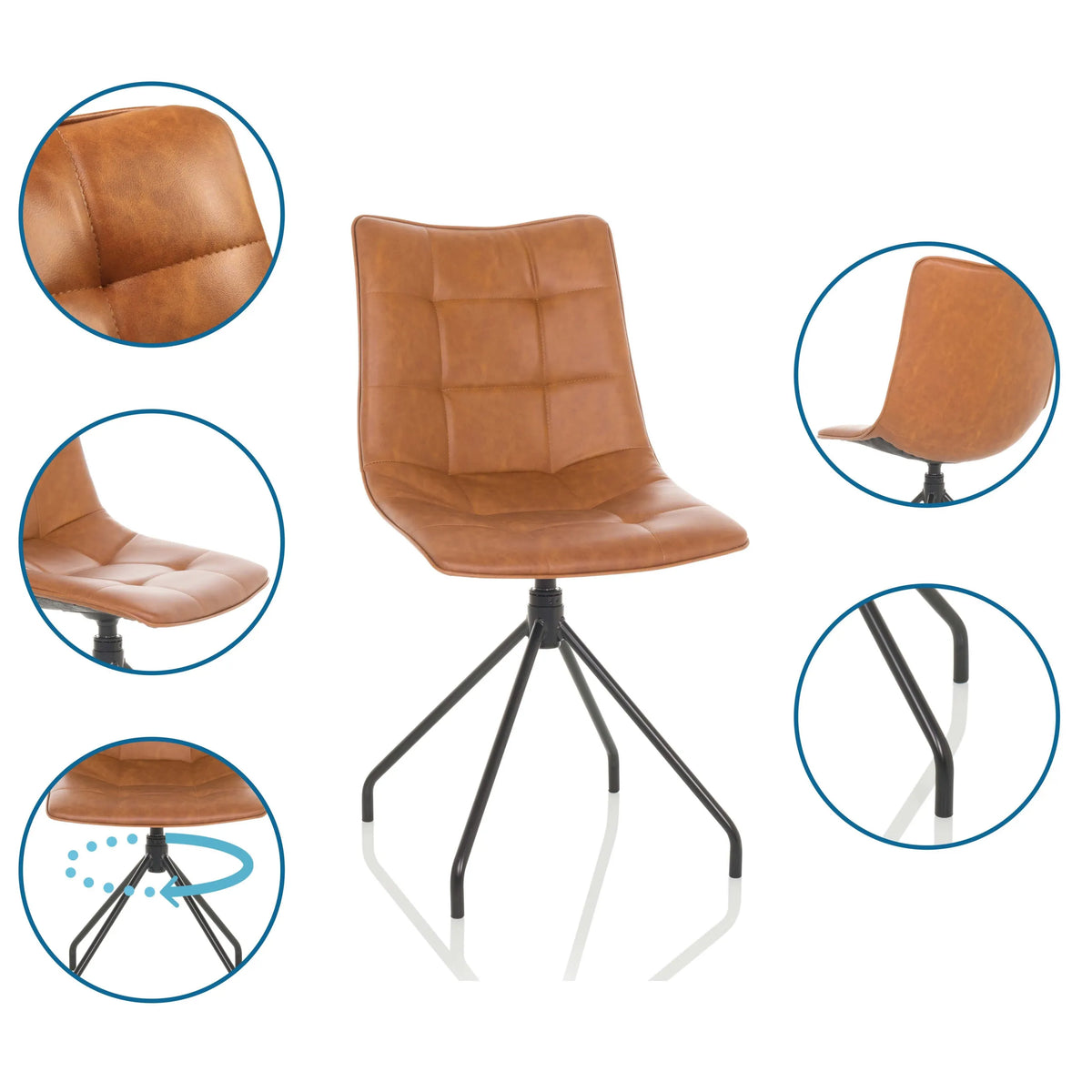 Chaise rembourrée TARVISO PU marron matelassée avec piètement à quatre pieds et vues détaillées de hjh OFFICE