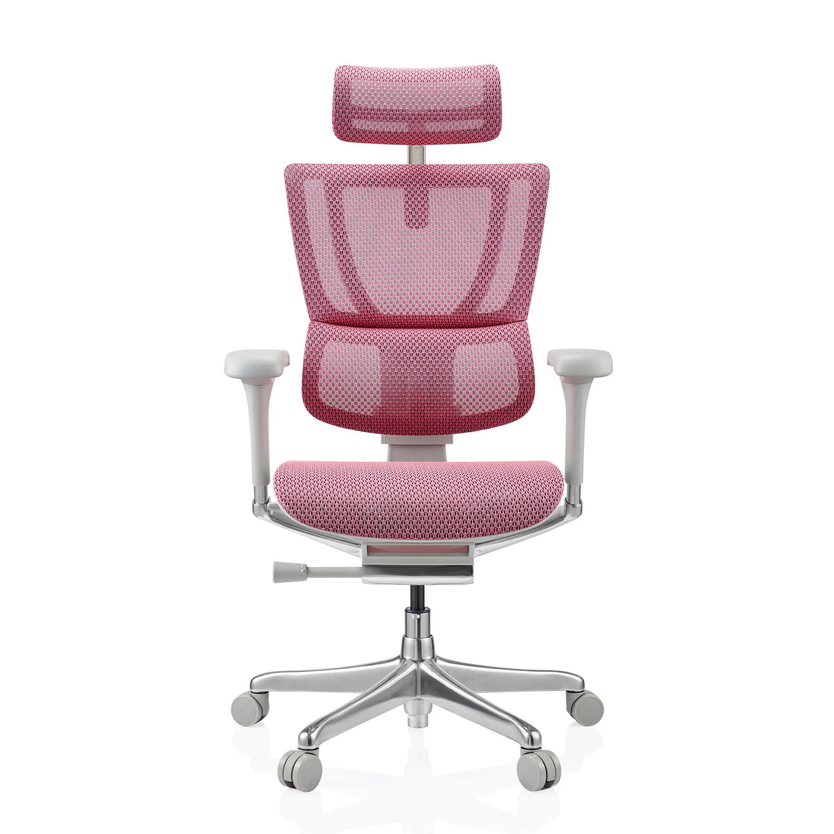 Siège de direction de luxe ERGOHUMAN SLIM G GEN2 rose avec dossier en maille, appui-tête et piètement à cinq roulettes de hjh OFFICE – vue à 360° (vue de face 0°)