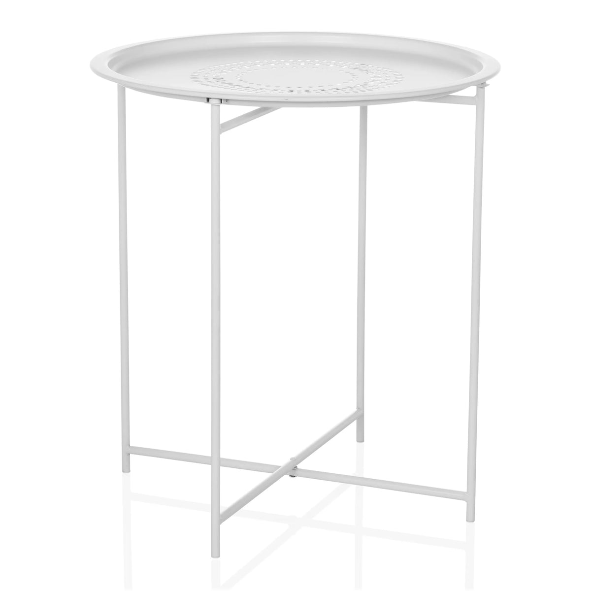 Table d'appoint ALLRUND blanche en métal avec motif perforé et pied croisé de hjh LIVING – vue à 360° (vue de face 15°)