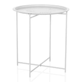 Table d'appoint ALLRUND blanche en métal avec motif perforé et pied croisé de hjh LIVING – vue à 360° (vue de face 15°)