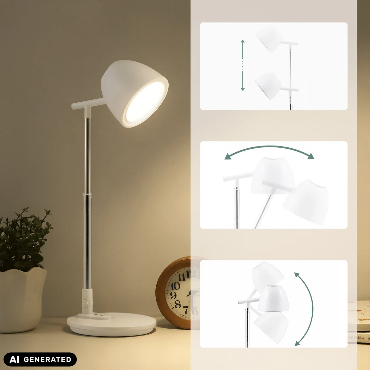 Réglage de la hauteur et de l'inclinaison de la lampe de bureau Lumanova D3 en blanc de hjh OFFICE (image générée par IA)