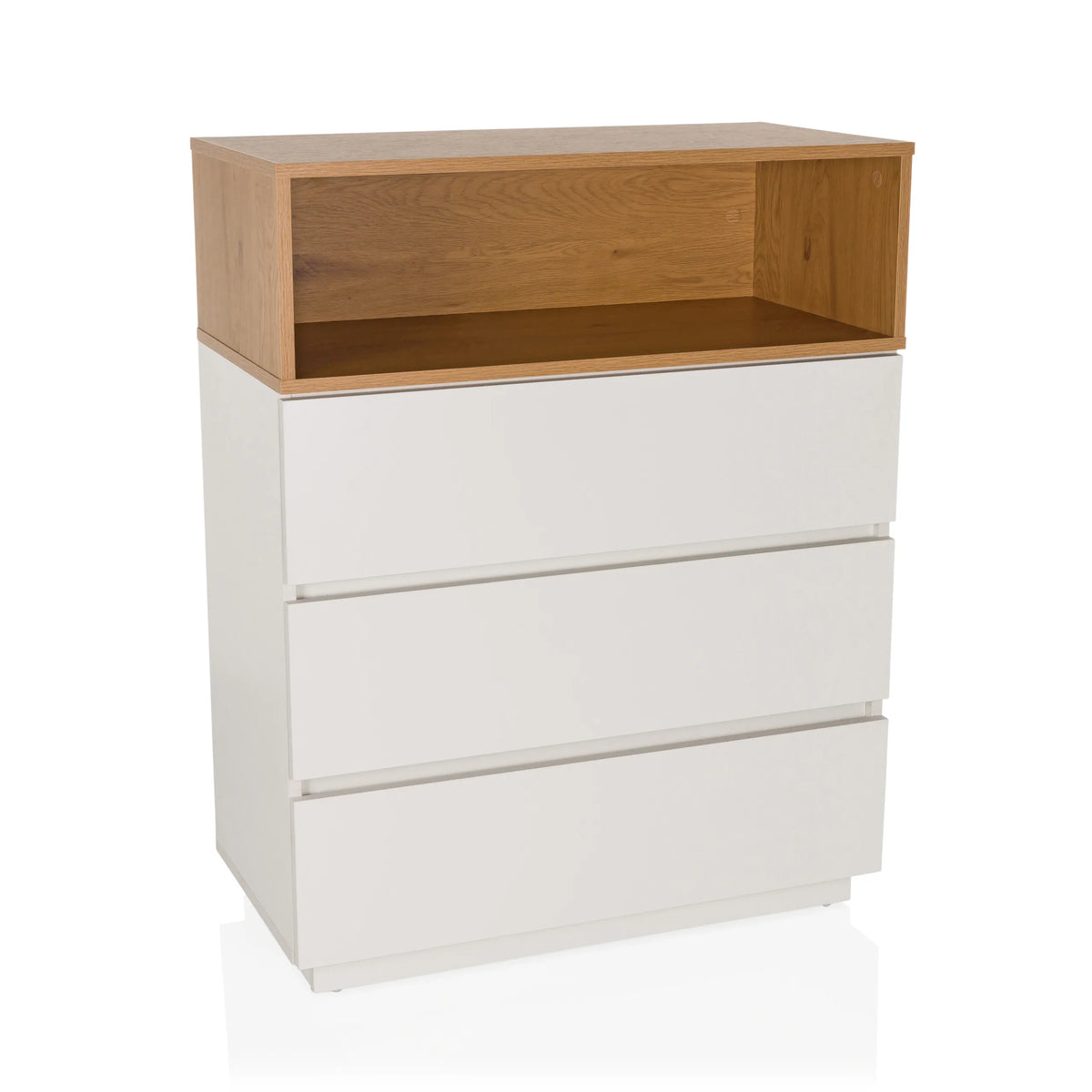 Commode blanche MELMO K avec trois tiroirs et un compartiment de rangement ouvert effet chêne de hjh LIVING – vue à 360° (vue de face 15°)