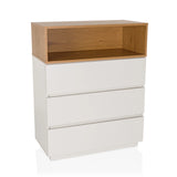 Commode blanche MELMO K avec trois tiroirs et un compartiment de rangement ouvert effet chêne de hjh LIVING – vue à 360° (vue de face 15°)