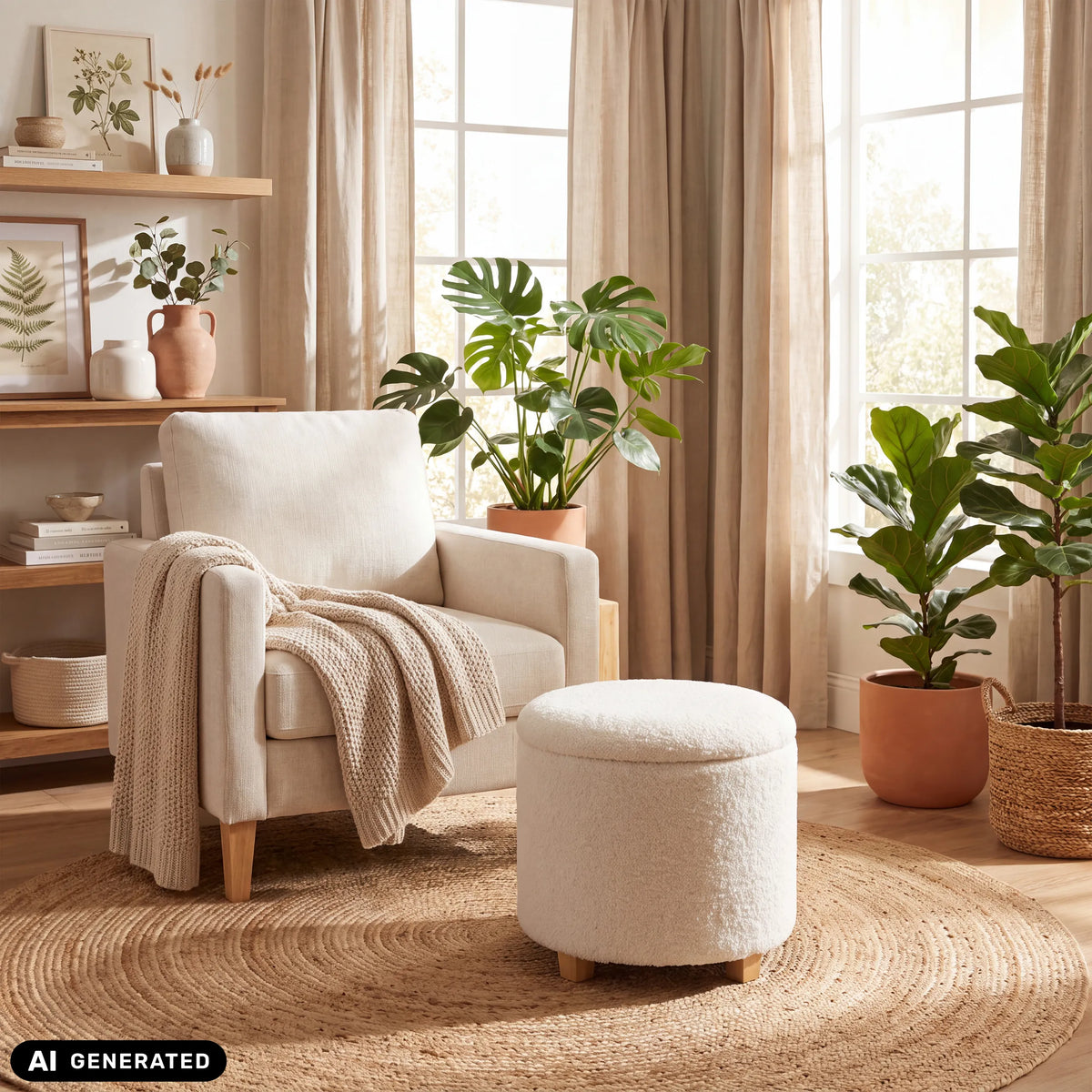Tabouret rembourré Storiano S blanc avec revêtement en tissu et pieds en bois de hjh LIVING (image générée par IA)