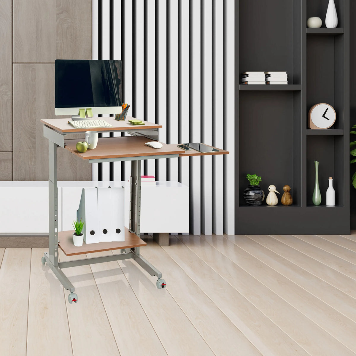 Bureau assis-debout WORKSTATION en hêtre et gris avec trois niveaux et roulettes de hjh OFFICE