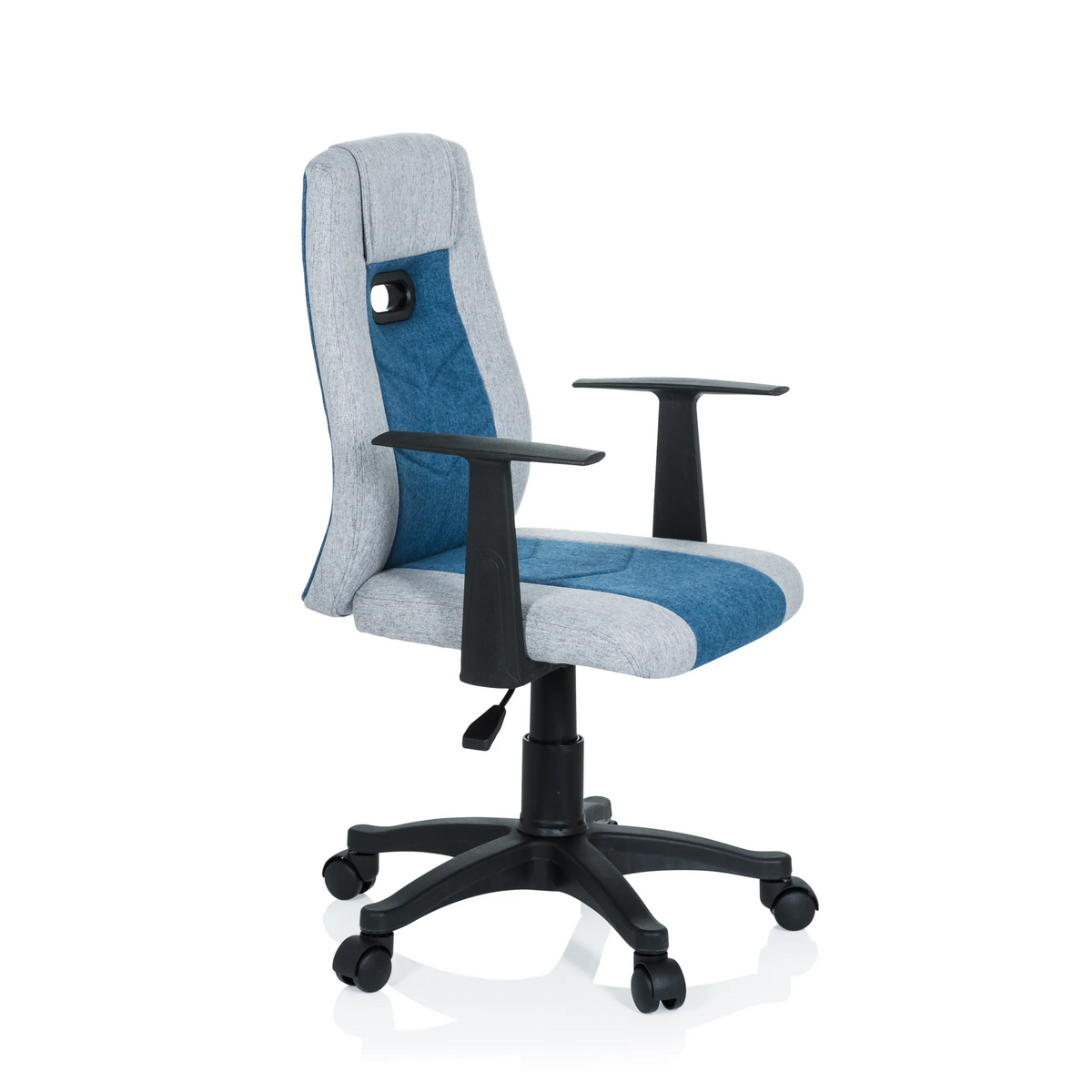 Chaise pivotante pour des enfants KIDDY EXTRA gris-bleu avec accoudoirs et base à cinq roulettes de hjh OFFICE – vue à 360° (vue de trois quarts avant 60°)