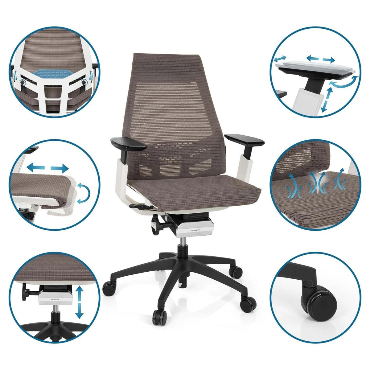 Siège de bureau de qualité professionnelle GENIDIA SMART WHITE en gris et blanc avec divers réglages et vues détaillées de hjh OFFICE