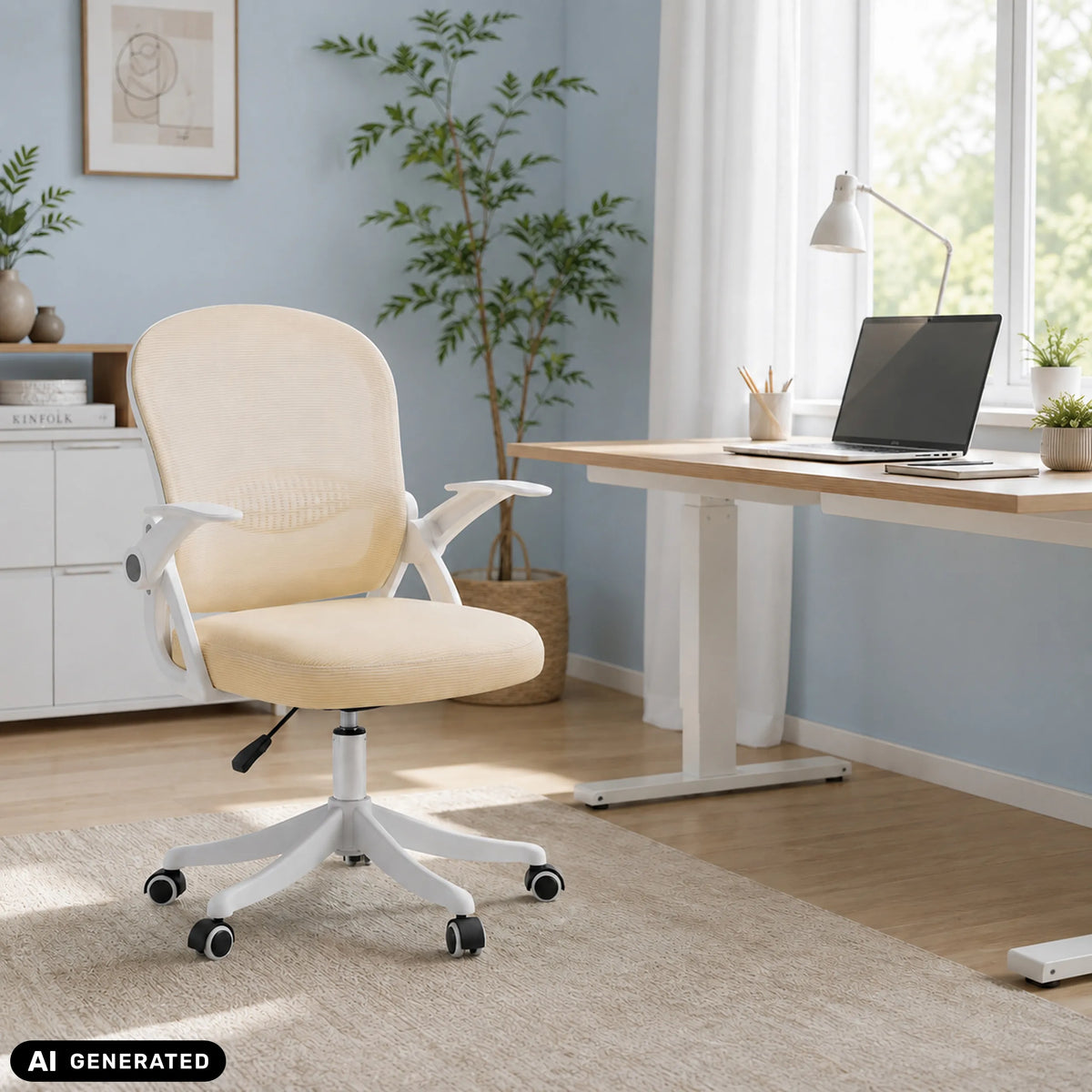 Siège de bureau à domicile Naluro beige avec accoudoirs et piètement blancs dans une pièce lumineuse de hjh OFFICE (image générée par IA)