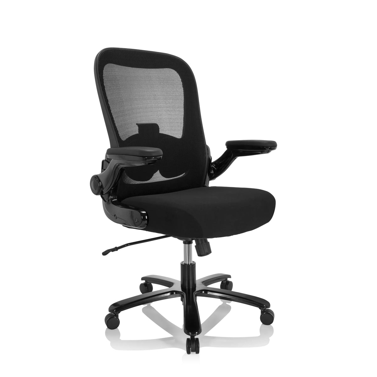 Siège pivotant XXL INSTRUCTOR SW I noir avec dossier en maille, accoudoirs et piètement à cinq roulettes de hjh OFFICE – vue à 360° (vue de trois quarts avant 40°)
