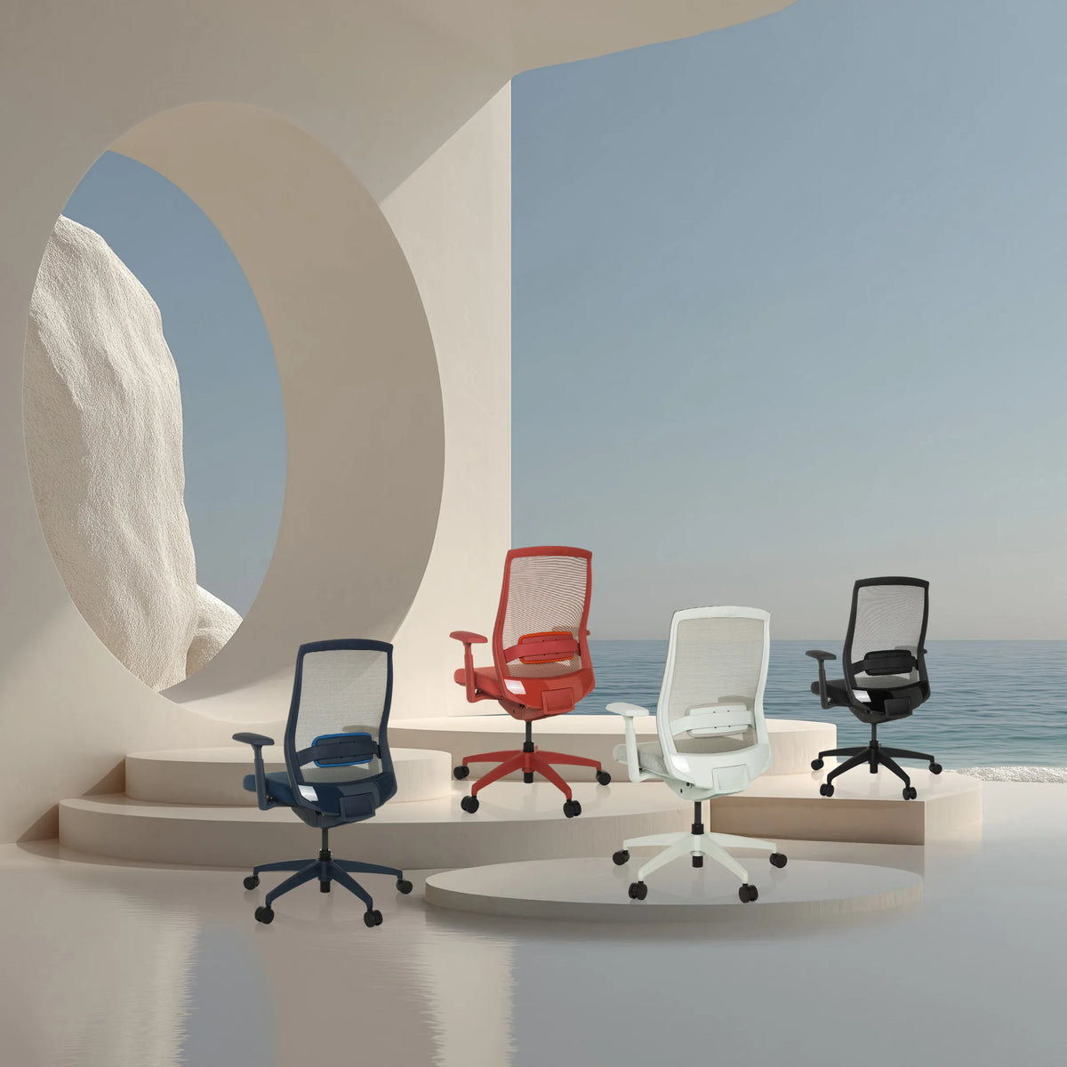 Quatre sièges de bureau de qualité professionnelle COLORE de différentes couleurs avec dossiers en maille de hjh OFFICE