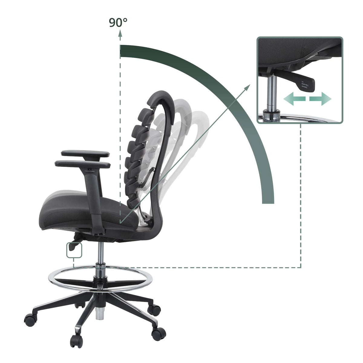 Mécanisme d'inclinaison avec réglage à 90° et levier de commande de la chaise de comptoir ERGO LINE II WORK de hjh OFFICE