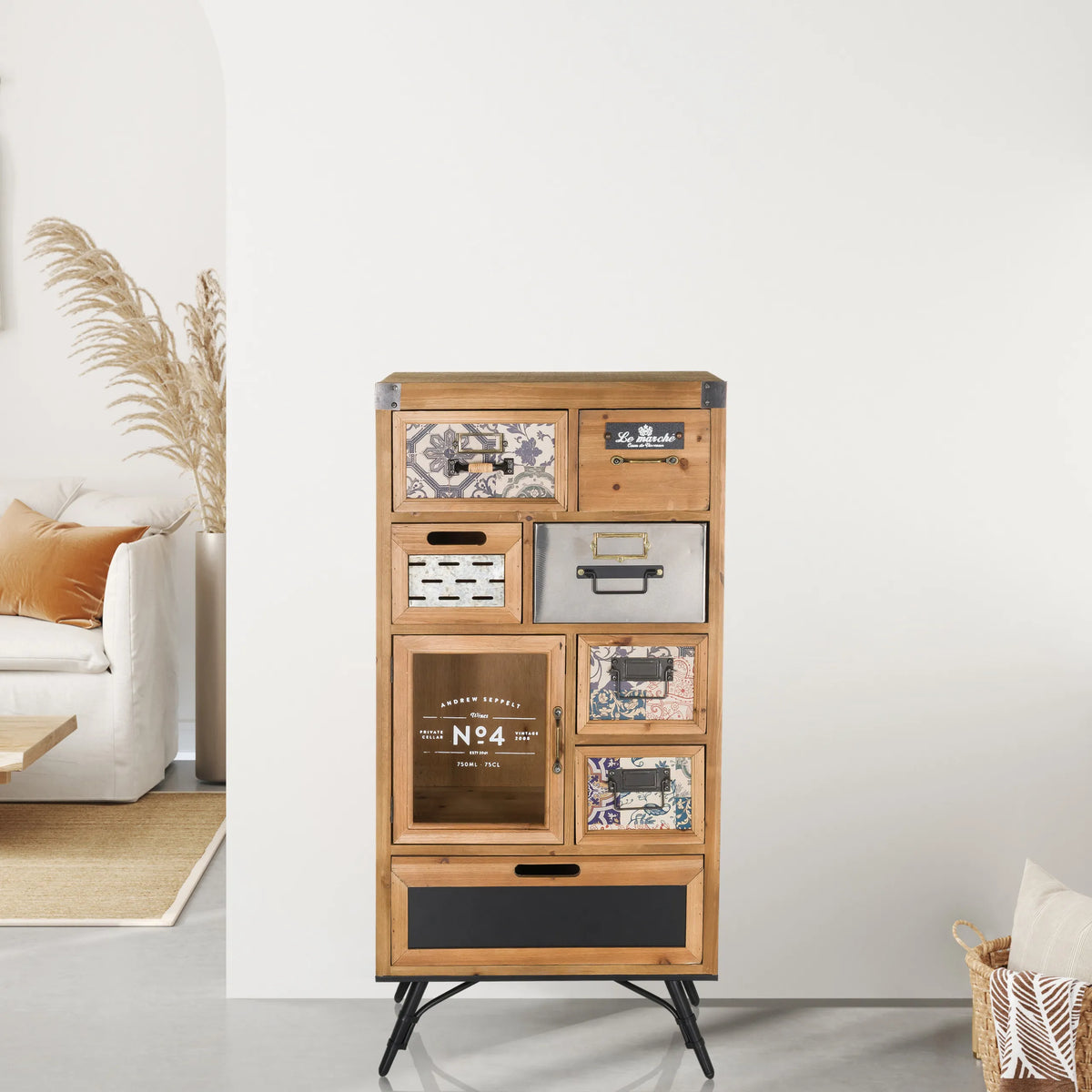 Buffet CONTINENTO S en bois aux tons sombres avec différents tiroirs et pieds en métal de hjh LIVING