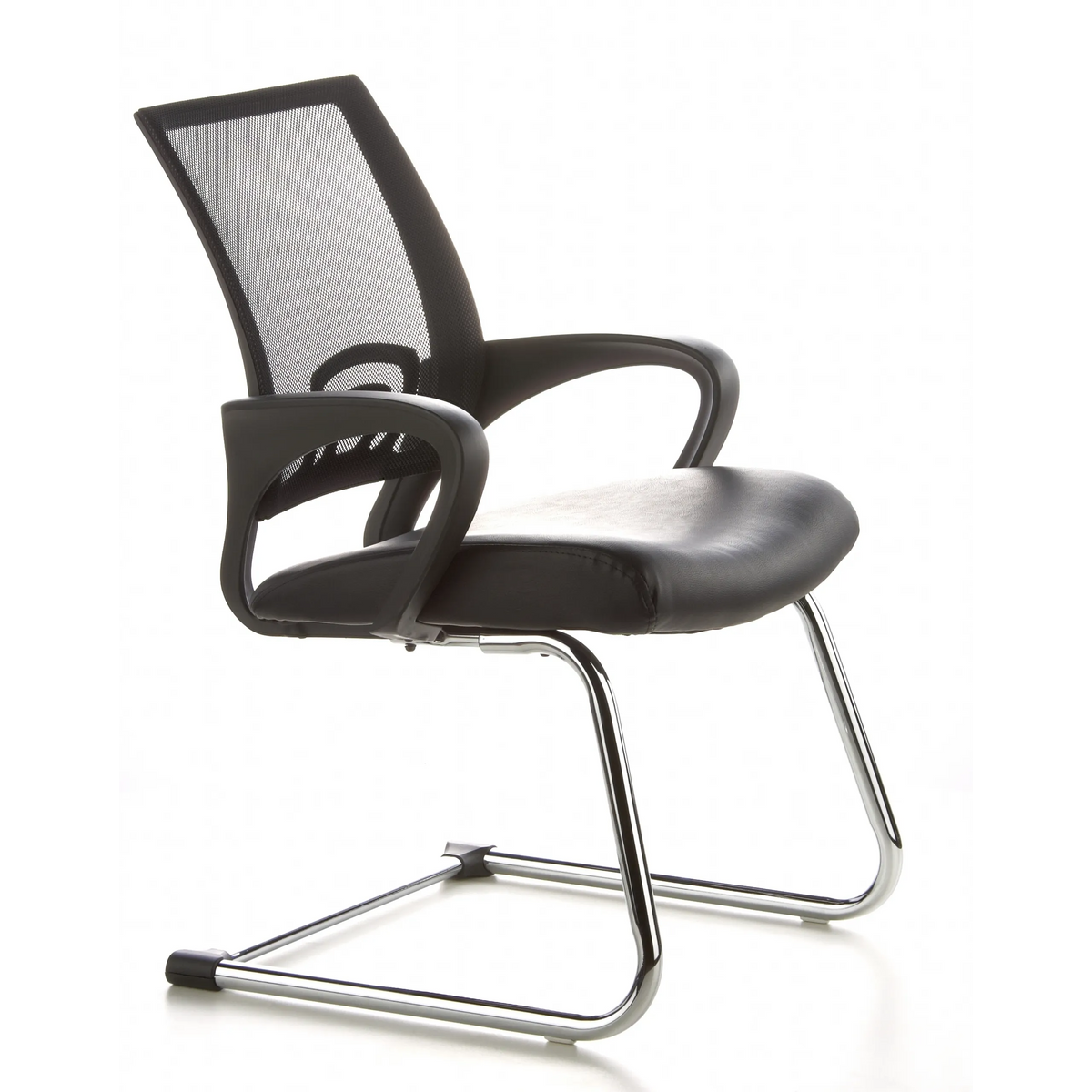 Chaises cantilever VISTO NET V noires avec dossier en maille, assise rembourrée et accoudoirs de hjh OFFICE – vue à 360° (vue de trois quarts avant 60°)