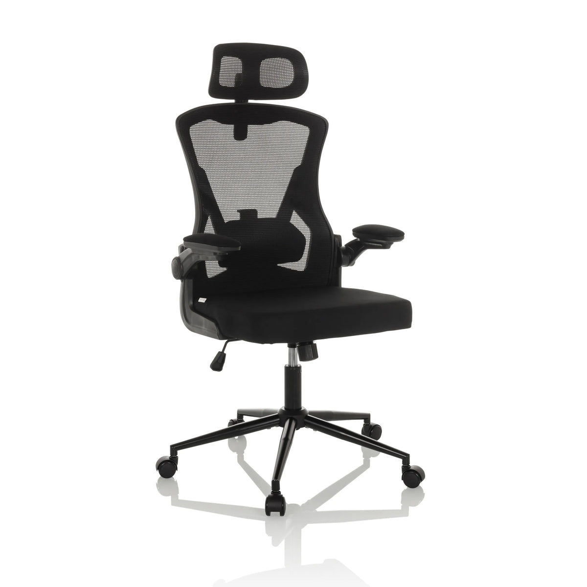 Siège de bureau de qualité professionnelle ARIGANO noir, dossier maille, appuie-tête et base 5 roulettes de hjh OFFICE – vue à 360° (vue de trois quarts avant 30°)