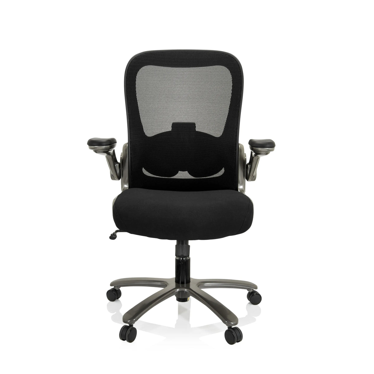 Siège pivotant XXL INSTRUCTOR T I noir avec dossier en maille, accoudoirs et base à cinq roulettes de hjh OFFICE – vue à 360° (vue de face 0°)