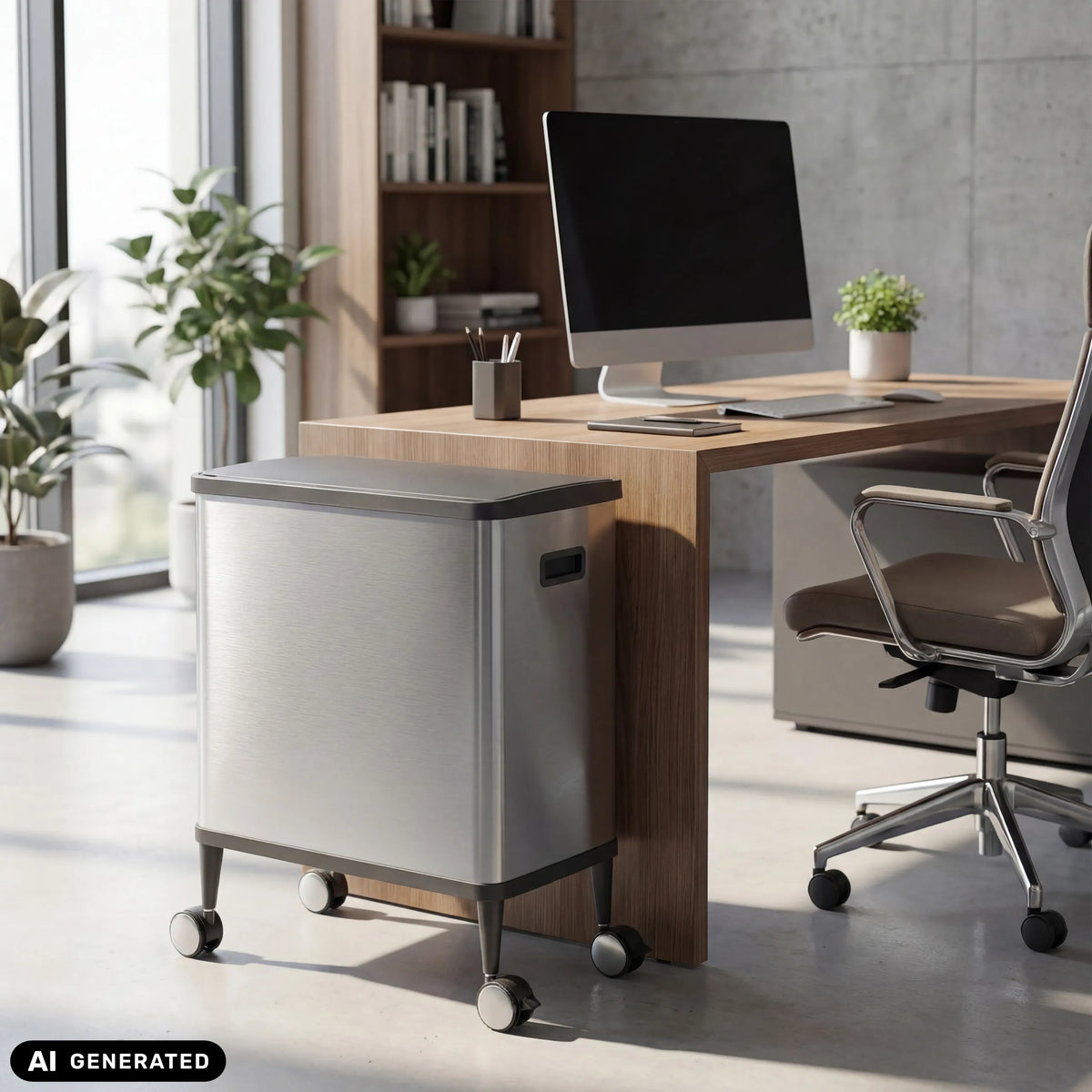 Poubelle Clean Mobile argentée sur roulettes sous un bureau de hjh OFFICE (image générée par IA)