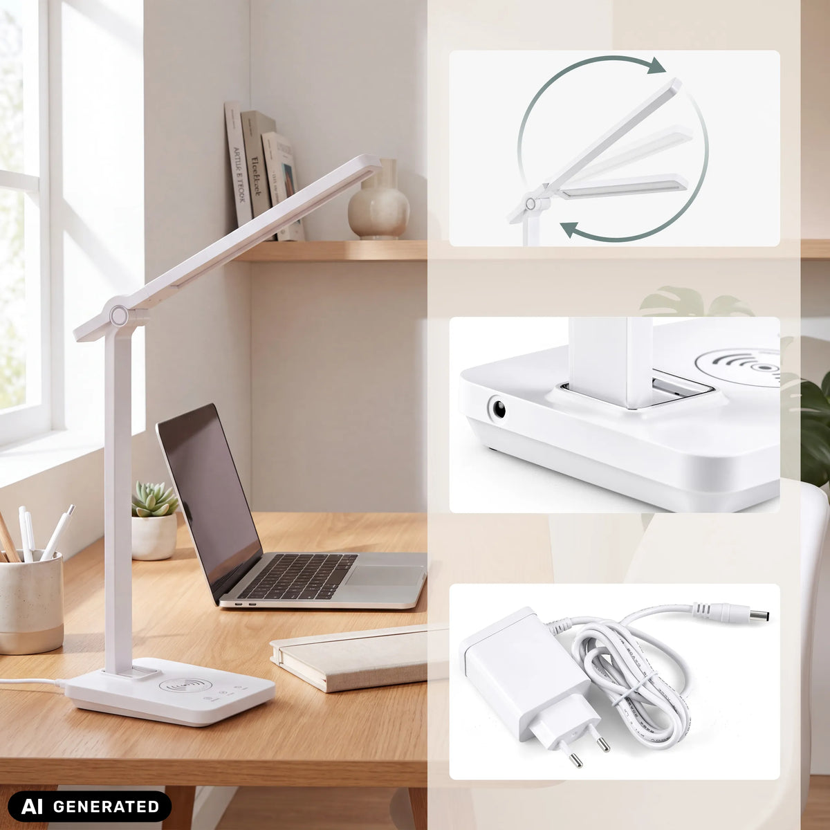 Lampe de bureau blanche Lumanova D1 avec bras réglable et adaptateur secteur de hjh OFFICE (image générée par IA)